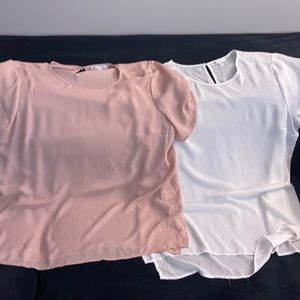 2- bundle DR2 size XL sheer blouses in pink/mauve and white.